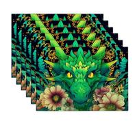 Set di 4 Tovaglietta Drago Verde Fiore, Animale Dei Cartoni Animati Tovagliette in Cotone Lino, Resistenti Al Calore Lavabili E Facili Da Pulire Tovagliette per Tavolo Da Cucina 45x30cm, Verde