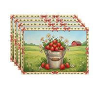Set di 4 tovagliette a secchiello con fragole, rustiche e floreali, per cena, primavera, estate, antiscivolo, lavabili, per interni ed esterni, cucina, feste, tovagliette decorative
