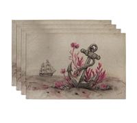 Set di 4 tovagliette all'americana con ancora nautiche, per l'estate, antiscivolo, lavabili, per interni ed esterni, colore: beige