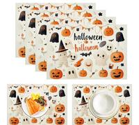 Set di 4 tovagliette all'Americana in Lino di Cotone Cartone Animato Mummia, tovagliette rettangolari Lavabili con Zucca Fantasma, Tovaglietta Resistente al Calore 45x30 cm