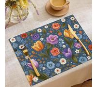 Set Di 4 Tovagliette Americane Rose Rustiche Tulipani Lavabili Antiscivolo Tovaglietta Lino Cotone Stampate Piante Vintage Per Tavolo Da Pranzo Cucina Matrimonio, 30X45Cm, Blu Indaco