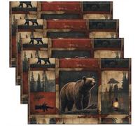 Set Di 4 Tovagliette Bear Hunting Adventure Animal Plaid Pine Tree Silhouette Facile Pulizia Tovaglietta Resistenti Sporco Tovagliette Colazione Per Casa Caffè 30X45cm