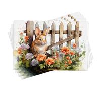 Set Di 4 Tovagliette Colazione Easter Bunny Beautiful Flowers And Pla Brown And Teal Resistenti Al Calore Kitchen Placemats Facile Pulizia Tovagliette Per Casa Dinterni 30X45cm