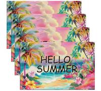 Set Di 4 Tovagliette Colazione Hello Summer Pink Yellow Flowers Green Coconut Trees Tie Dye Resistenti Al Calore Tovaglietta Resistenti Sporco Tovagliette Cucina Per Hotels Caffè 30X45cm