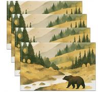 Set Di 4 Tovagliette Colazione Landscape Pine Tree Hunting Bear Animal Nature Lake Ecologici Placemats Antimacchia Tovagliette Cucina Per Casa Caffè 30X45cm