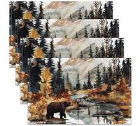 Set Di 4 Tovagliette Colazione Mountain Tree Hunting Bear Ink Wash Painting Nature Landscape Antimacchia Kitchen Placemats Moderne Tovagliette Per Tavolo Da Pranzo Esterni 30X45cm