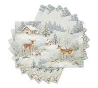 Set di 4 tovagliette con Stile acquerello Casa di legno del cervo Sika, Bianco e blu 30x45cm tovagliettes lavabili per le vacanze, tovagliette per la cucina, per feste e decorazioni per la casa