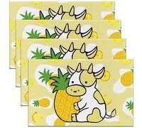 Set di 4 tovagliette da bambina con mucca di latte, ananas, colore giallo, da ragazza, per bambini, Kawaii, latte, mucca, fattoria, decorazione per tavolo da cucina, tavolo da pranzo, 45 x 30 cm