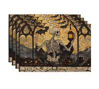 Set di 4 tovagliette decorative per Halloween con lanterna scheletrata, nere e dorate, per cene autunnali, antiscivolo, lavabili, per interni ed esterni, per feste