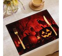 Set Di 4 Tovagliette Estive Con Motivo Atmosfera Da Foresta Oscura,45X30Cm,Motivo Cimitero Spettrale Scena Di Zucca,Lavabili,Decorazione Per La Cucina, Per Vacanze E Feste