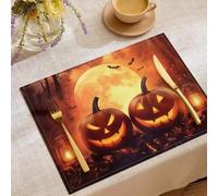 Set Di 4 Tovagliette Estive Con Motivo Tema Foresta Oscura,45X30Cm,Motivo Zucca Spaventosa Luna,Lavabili,Decorazione Per La Cucina, Per Vacanze E Feste