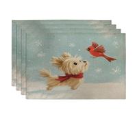 Set di 4 tovagliette in lino con motivo natalizio a forma di cucciolo di Yorkshire Terrier, 30,5 x 45,7 cm, per sala da pranzo, decorazioni per la casa e la cucina, per le feste con animali domestici