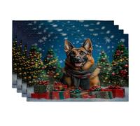 Set di 4 tovagliette in lino con motivo natalizio invernale, motivo: cane da pastore, 12''x18'', 4 tovagliette con stampa di scene natalizie innevate, per sala da pranzo, decorazioni per la casa e la