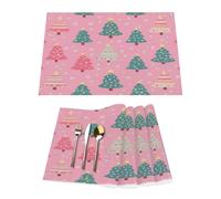 Set di 4 tovagliette in vinile con albero di Natale, per tavoli da pranzo, resistenti al calore, lavabili, in PVC, colore: rosa e verde