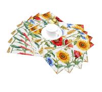 Set di 4 tovagliette in vinile con girasoli, papaveri, fiordaliso, resistenti al calore, lavabili, per cucina, tavolo da pranzo, ristorante, feste, vacanze, riunioni