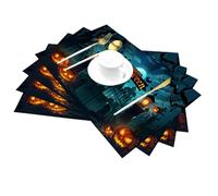 Set di 4 tovagliette in vinile per tavoli da pranzo, resistenti al calore, lavabili, lavabili e lavabili, motivo castello gotico di Halloween, in vinile, motivo zucca