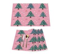 Set di 4 tovagliette in vinile verde con albero di Natale su sfondo rosa, per tavoli da pranzo, resistenti al calore, lavabili, in PVC