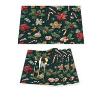Set di 4 tovagliette natalizie in vinile, motivo stella di Natale, fiori e bacche su sfondo verde, per tavoli da pranzo, da cucina, resistenti al calore, lavabili, in PVC