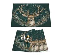 Set di 4 tovagliette natalizie in vinile verde con ghirlanda di bacche e renne, per tavoli da pranzo, tovagliette da cucina, resistenti al calore, lavabili, in PVC