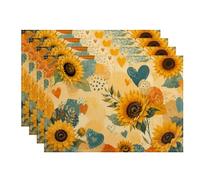 Set di 4 tovagliette rustiche floreali con girasole e cuore | Stile rustico, tovagliette in tessuto, motivi a cuore, trama in lino, decorazione rustica per la cucina