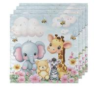 Set di 4 tovaglioli di stoffa con simpatici animali, elefante, giraffa, 50 x 50 cm, morbidi e confortevoli, riutilizzabili, per feste e matrimoni