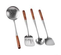 Set di 4 utensili da cucina con manico in legno resistente al calore | Set di 4 utensili resistenti al calore con manici in legno, include spatola, mestolo, skimmer e friggere