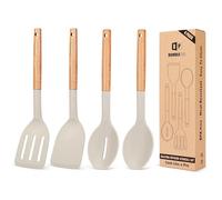 Set di 4 utensili da cucina in silicone, resistenti al calore, antiaderenti e cucchiai scanalati con manico in legno, ideali per friggere, servire, girare, mescolare (kaki)