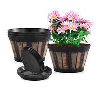 Set di 4 vasi per piante da 20,3 cm, con fori di drenaggio e piattino. Vasi da fiori decorativi in plastica, design a botte di vino, per interni ed esterni, giardino, piante domestiche (marrone)