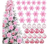Set di 49 Pezzi Decorazioni per Albero di Natale 24 Fiori di Stella di Natale Glitterati in 3 Taglie Topper di Fiocco e 24 Palline da 2,36 Pollici per Festa di Natale e Capodanno (Rosa)