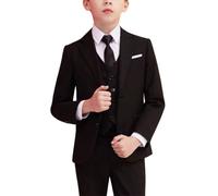 Set di 5 abiti da sposa formali+gilet frontale con bottone+camicia con colletto+pantaloni uniformi con cravatta abiti per bambini vestibilità ampia abiti da festa per concorso, Nero , 3-4 Years