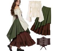 Set di 5 abiti medievali da donna, vestito retrò con spalline scoperte, costume vittoriano, con corsetto, sac de ceinture, cintura, costume di carnevale (verde, XL)