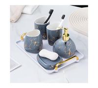 Set di 5 accessori da bagno con vassoio in plastica, tra cui dispenser per sapone da 450 ml, portaspazzolino, bicchiere, portasapone e vassoio con manico, in ceramica, grigio e oro (grigio)