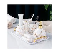 Set di 5 accessori da bagno con vassoio in plastica, tra cui dispenser per sapone da 450 ml, portaspazzolino, bicchiere, portasapone e vassoio con manico, in ceramica, bianco e oro (bianco)