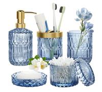 Set di 5 Accessori da Bagno in Blu, Dispenser di Sapone Blu Trasparente, set di Accessori da Bagno di Lusso con Dispenser per Lozioni, Portaspazzolino, Portasapone, Bicchiere, Regalo Vintage