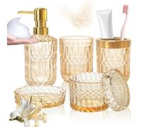 Set di 5 accessori da bagno in vetro dorato, set di accessori per il bagno, dispenser per lozioni, portasapone, porta spazzolini, bicchieri, bastoncini di cotone, set decorativo per bagno moderno,