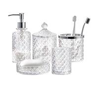 Set di 5 accessori da bagno in vetro, include dispenser di sapone, bicchiere, portasapone, portaspazzolino e barattolo da farmacia (lussuoso cristallo di colore scintillante)