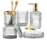 Set di 5 accessori da bagno in vetro, set di accessori per il bagno, dispenser per lozioni, portasapone, porta spazzolino, bicchiere, bastoncini di cotone, set decorativo per bagno moderno, regalo