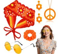 Set di 5 accessori hippie vintage Flower Power Costume accessorio con fascia a maglia, occhiali hippie, catena, orecchini, fascia per capelli per donne Carnevale anni '60 anni '80