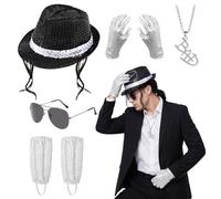 Set di 5 accessori per costume anni '80, rocker star dancer, cosplay, cappello con paillettes jazz, con parrucca su entrambi i lati, guanti, occhiali, calzini, collana, set di accessori per costume