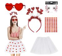 Set di 5 accessori per costume da Cupido, occhiali a forma di cuore, tatuaggio facciale, cerchietto a cuore, adesivo a forma di cuore, gonna in tulle, costume da cupido da donna, per Halloween, San