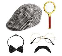 Set di 5 accessori per costume da detective, accessori per costume da sherlock Holmes con cappello detective, occhiali falsi baffi, lente di ingrandimento, per carnevale, cosplay, feste (grigio