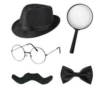 Set di 5 accessori per costume da detective, accessori per costume da sherlock Holmes con cappello detective occhiali falsi baffi lente di ingrandimento papillon, detective-cosplay per carnevale