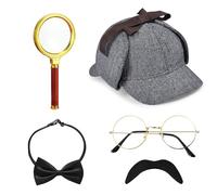 Set di 5 Accessori per Costume da Detective Sherlock Holmes - Cappello, Occhiali, Baffi Falsi, Lente d'Ingrandimento, Papillon - per Cosplay