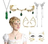 Set di 5 accessori per costume da elfo, da donna, con orecchie da elfo, corona, collana di cristallo, orecchini e adesivi per il viso, costume da fata, costume da fata della foresta, accessorio per