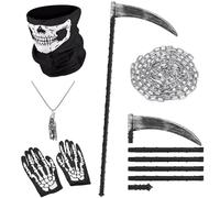 Set di 5 accessori per costume da Mietitore, falce smontabile e collana Mietitore 3 m, guanti maschera scheletro costume Morte falce Halloween Grim Reaper Costumer adulti bambini Halloween Carnevale