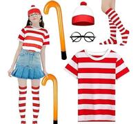 Set di 5 accessori per costume da Wally, da donna, anni '90, con maglietta rossa e bianca, cappello, calzini, occhiali senza cornice, stampelle gonfiabili, cosplay, per la Giornata mondiale del libro