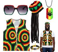 Set di 5 accessori per costume Rasta, set di accessori per costume dei Caraibi Reggae con gilet, cappello giamaica, braccialetto, collana dreadlocks per donne e uomini, Halloween, carnevale, cosplay