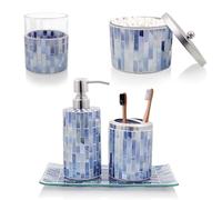 Set di 5 accessori per il bagno mosaico fatti a mano con spazzolino da denti, cotton fioc, supporto per dischetti di cotone, dispenser di sapone liquido e un vassoio gran
