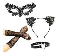 Set di 5 accessori per mascherata, maschera per gli occhi in pizzo, fascia per orecchie di gatto, collana a cuore, guanti in pizzo, maschera per discoteca da ballo, martedì grasso, festa di Halloween