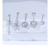 Set di 5 anelli ombelicali placcati argento a forma di cuore e farfalla, adatto per San Valentino, Ognissanti, Pasqua, compleanno, bar, festa da ballo, spiaggia, uso quotidiano, regalo per San Valenti